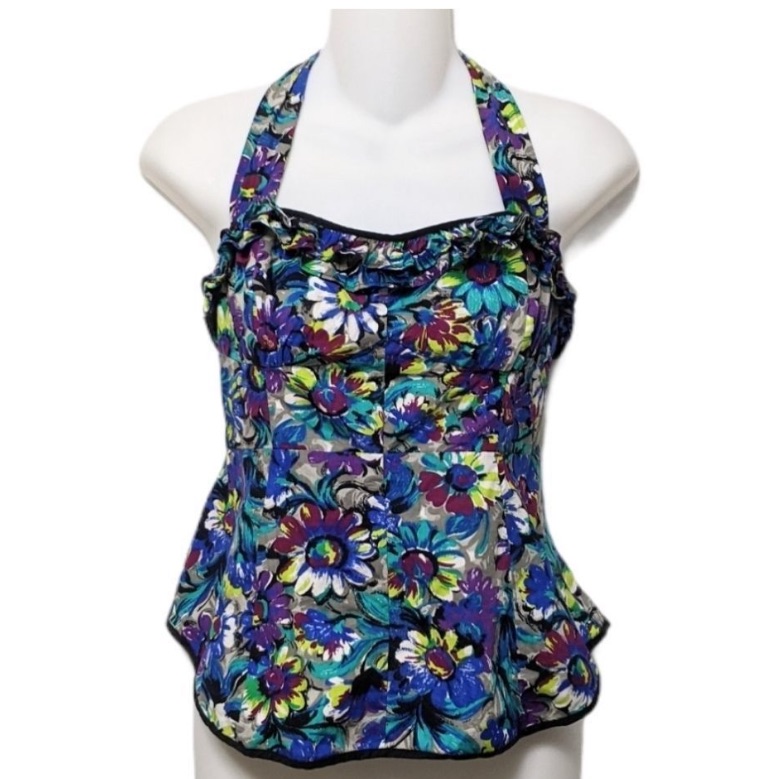 Odille Anthropologie Pop Of Posies Floral Ruffle Halter Top Blouse Size 4 Blue.
